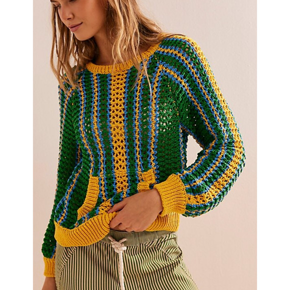NEW FREE PEOPLE FP BEACH GREEN BLUE YELLOW DAYTON STRIPED PULLOVER SWEATER SZ XS - Picture 5 of 9